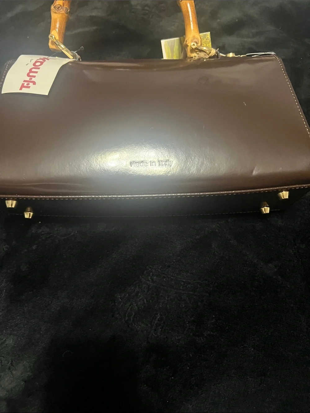 Pratesi Patent Dark Brown Top-Handle Satchel with Bamboo Handle